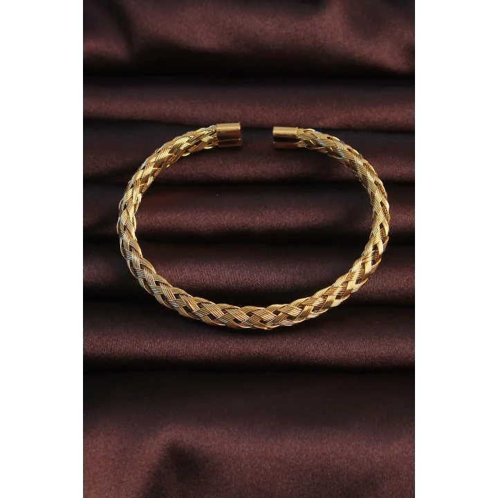Mey İthalat® 316L Çelik Altın Renk Kalın Yassı Örgü Model Erkek Bileklik