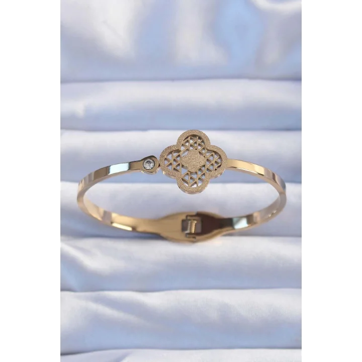 Mey İthalat® 316L Çelik Altın Renk Zirkon Taşlı Simli Yonca Kelepçe