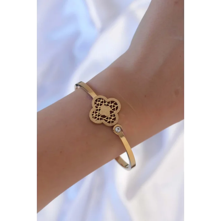 Mey İthalat® 316L Çelik Altın Renk Zirkon Taşlı Simli Yonca Kelepçe