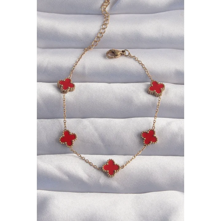 Mey İthalat® 316L Çelik Baby Boy Gold Renk Kırmızı Mineli Yonca Bileklik