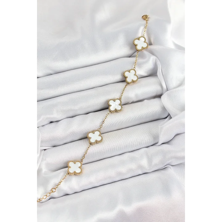 Mey İthalat® 316L Çelik Beyaz Sedef Yonca Model Gold Renk Kadın Bileklik