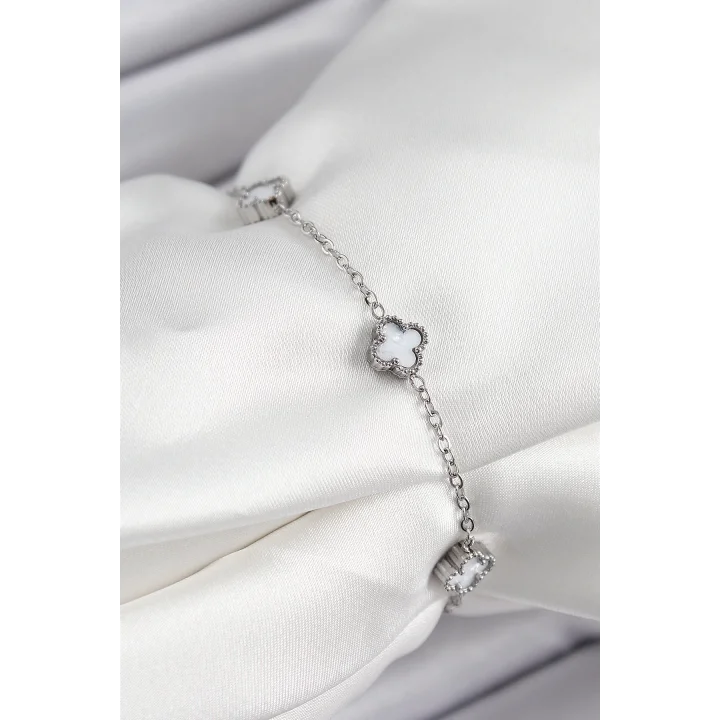 Mey İthalat® 316L Çelik Beyaz Sedef Yonca Model Gümüş Renk Kadın Bileklik