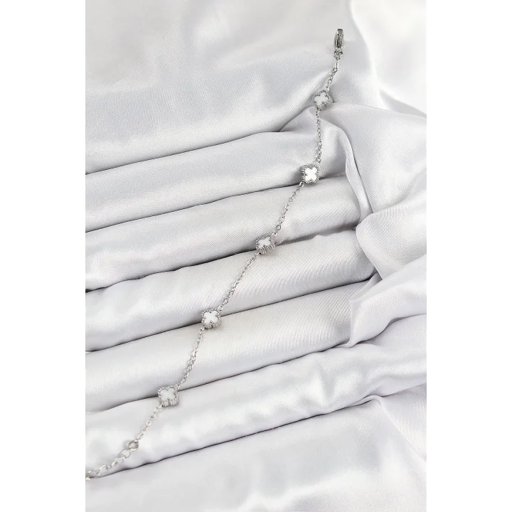 Mey İthalat® 316L Çelik Beyaz Sedef Yonca Model Gümüş Renk Kadın Bileklik