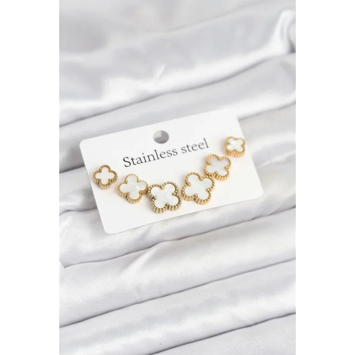 Mey İthalat® 316L Çelik Gold Beyaz Renk 3 Boy Yonca Küpe Seti