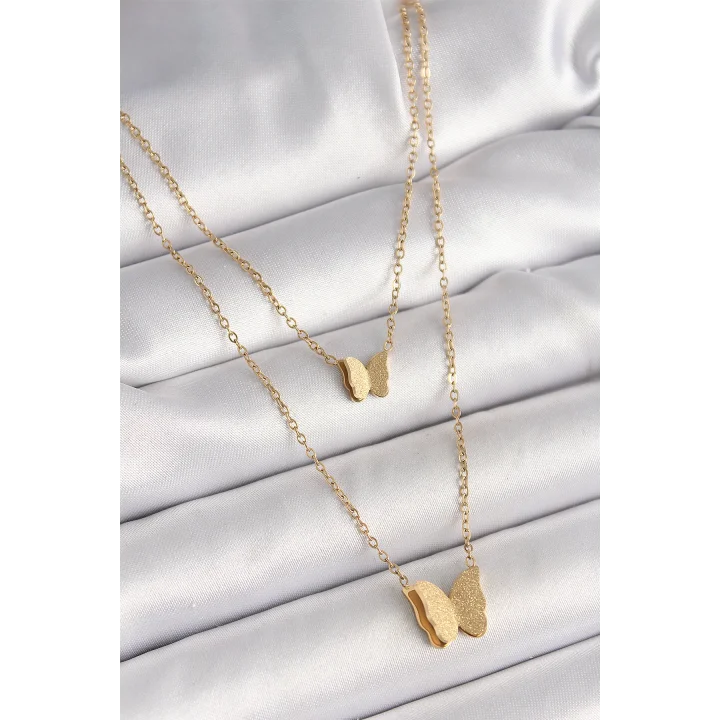 Mey İthalat® 316L Çelik Gold Renk 2Li Simli Kelebek Model Kadın Kolye