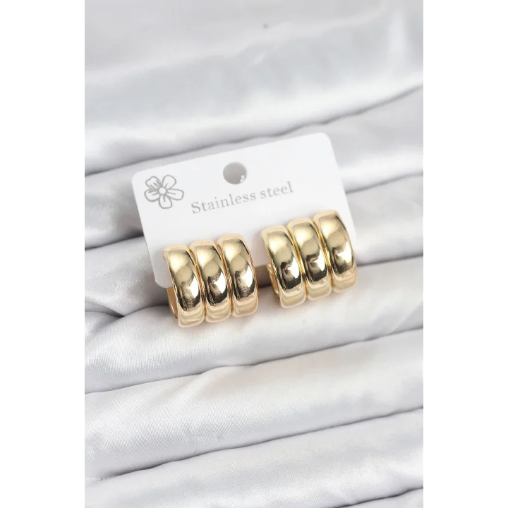Mey İthalat® 316L Çelik Gold Renk 3lü Görünüm Kadın Küpe