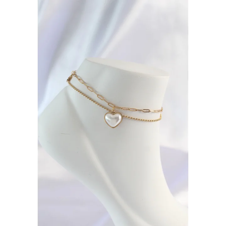 Mey İthalat® 316L Çelik Gold Renk Beyaz Kalpli 2li Halhal