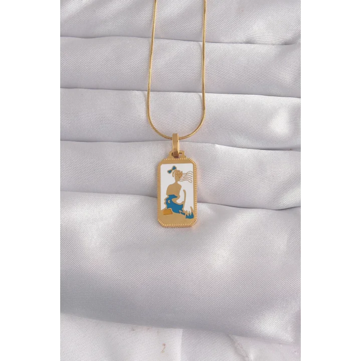 Mey İthalat® 316L Çelik Gold Renk Beyaz Mineli Kız Figür Tarot Kolye