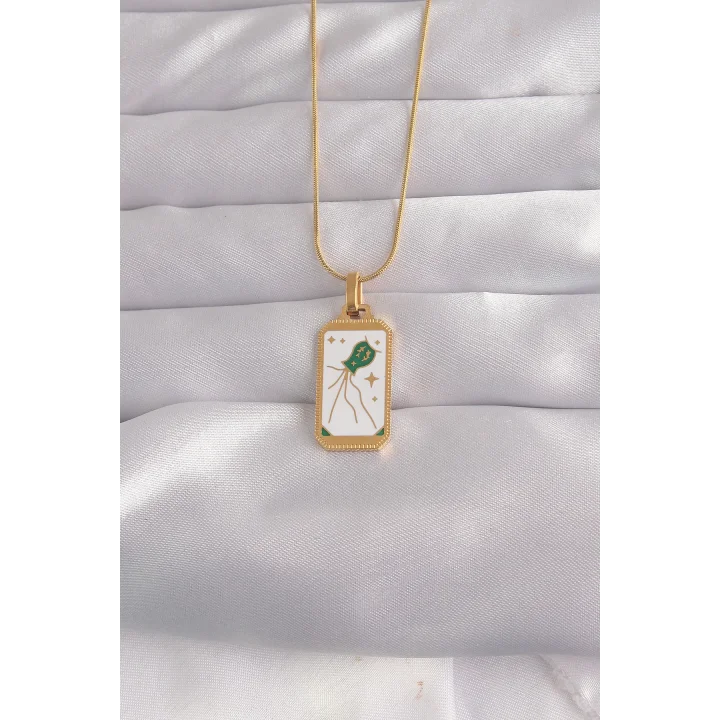 Mey İthalat® 316L Çelik Gold Renk Beyaz Mineli Tarot Kolye