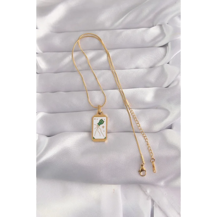 Mey İthalat® 316L Çelik Gold Renk Beyaz Mineli Tarot Kolye