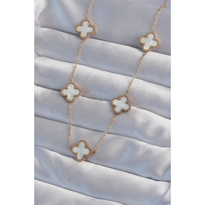 Mey İthalat® 316L Çelik Gold Renk Beyaz Sedefli Yonca Kolye