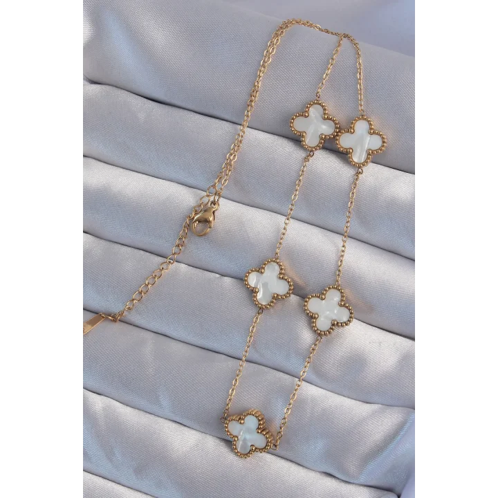 Mey İthalat® 316L Çelik Gold Renk Beyaz Sedefli Yonca Kolye