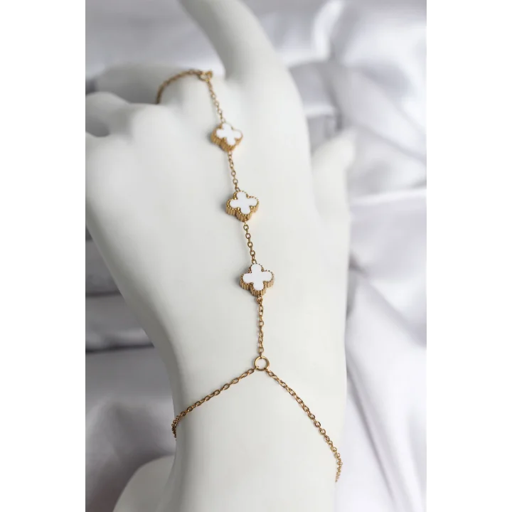 Mey İthalat® 316L Çelik Gold Renk Beyaz Yonca Model Kadın Şahmeran