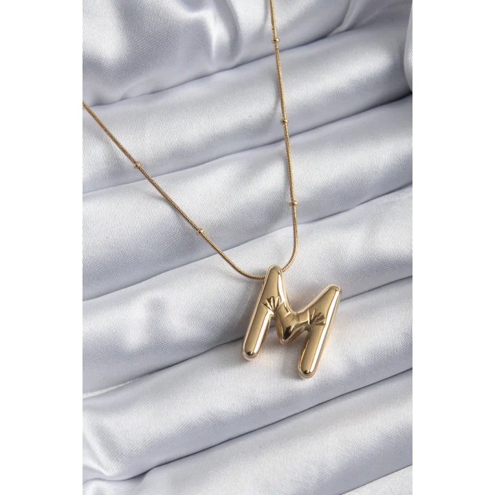 Mey İthalat® 316L Çelik Gold Renk Bubble M Harf Model Kadın Kolye