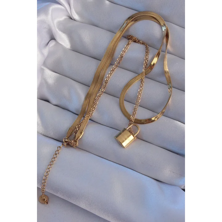 Mey İthalat® 316L Çelik Gold Renk Çift Zincir Kilit Model Kolye