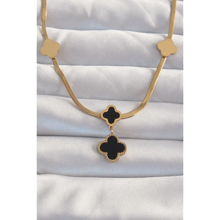 Mey İthalat® 316L Çelik Gold Renk İtalyan Zincirli Mineli Yonca Kolye