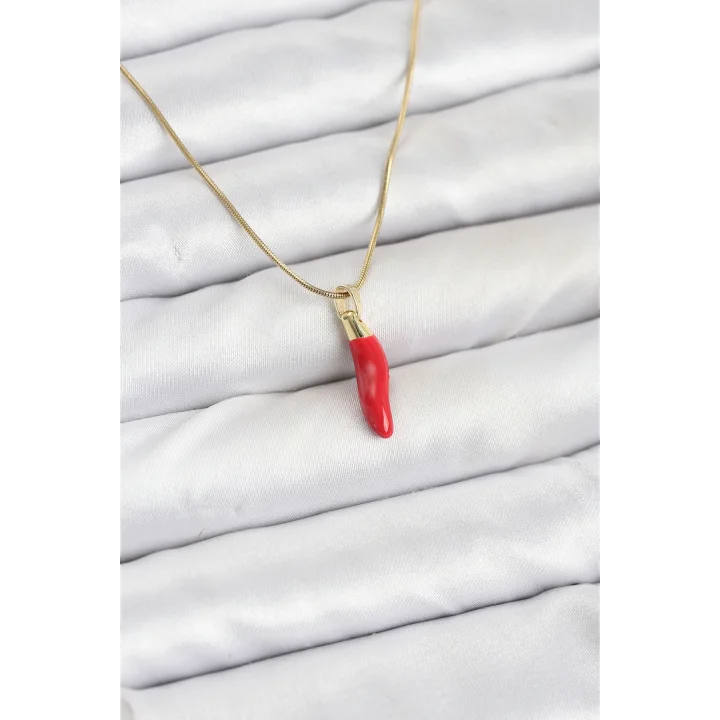 Mey İthalat® 316L Çelik Gold Renk Kapya Kırmızı Biber Model Kadın Kolye