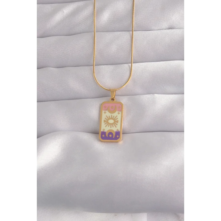 Mey İthalat® 316L Çelik Gold Renk Karışık Mineli Ay Figür Tarot Kolye