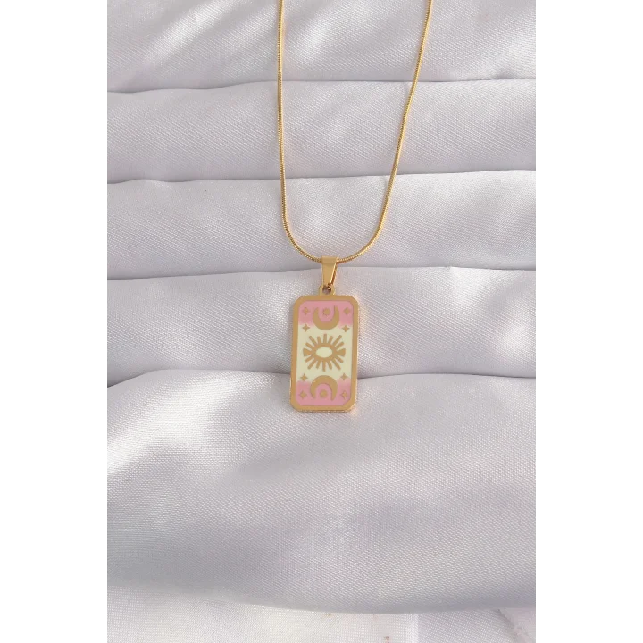 Mey İthalat® 316L Çelik Gold Renk Karışık Mineli Ay Figür Tarot Kolye