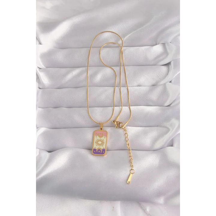 Mey İthalat® 316L Çelik Gold Renk Karışık Mineli Ay Figür Tarot Kolye