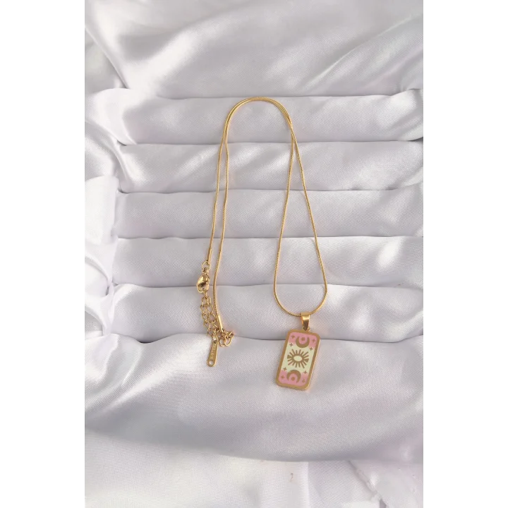 Mey İthalat® 316L Çelik Gold Renk Karışık Mineli Ay Figür Tarot Kolye
