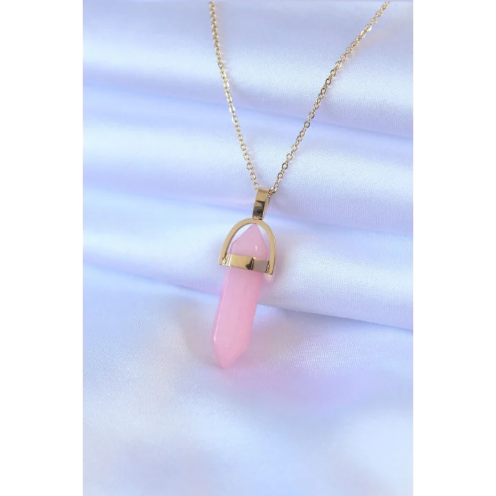 Mey İthalat® 316L Çelik Gold Renk Kristal Pembe Taş Model Kadın kolye