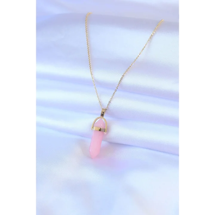 Mey İthalat® 316L Çelik Gold Renk Kristal Pembe Taş Model Kadın kolye