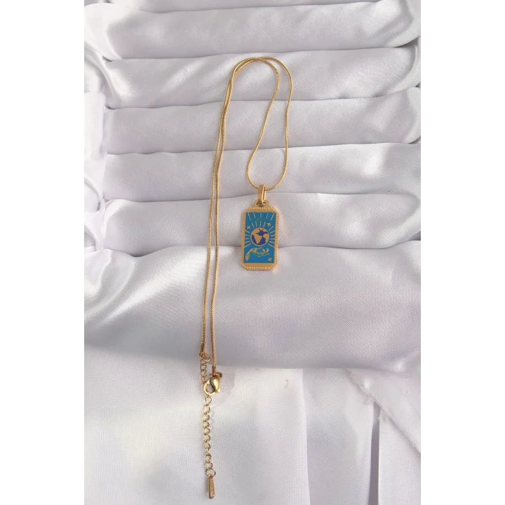 Mey İthalat® 316L Çelik Gold Renk Mavi Mineli El Figür Tarot Kolye