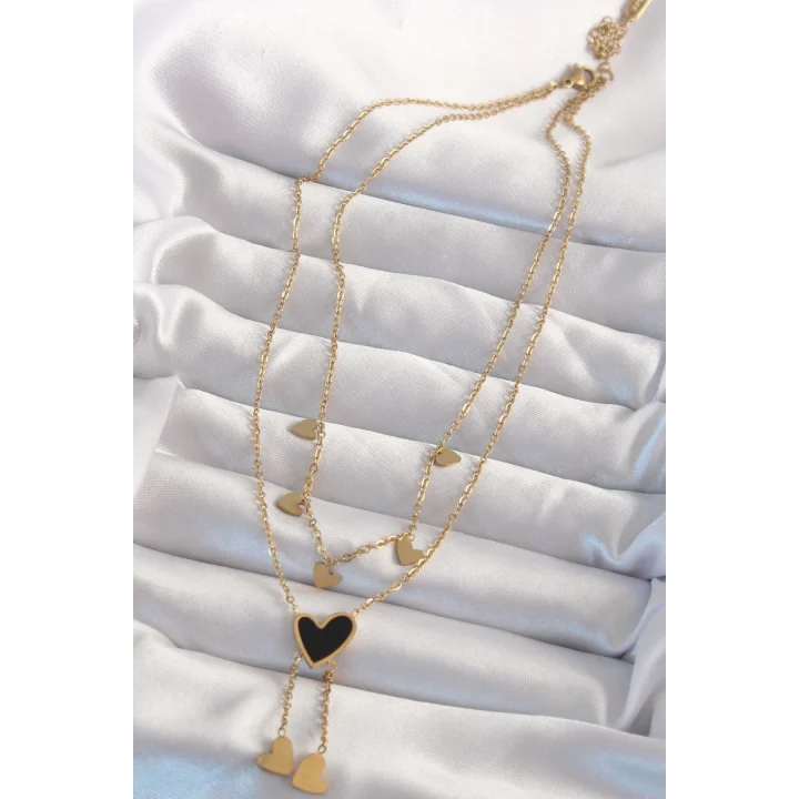 Mey İthalat® 316L Çelik Gold Renk Mineli Çoklu Kalp Kolye