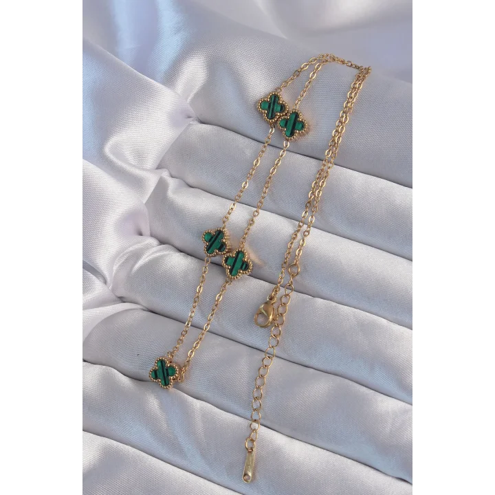 Mey İthalat® 316L Çelik Gold Renk Minimal Yeşil Mineli Yonca Kolye