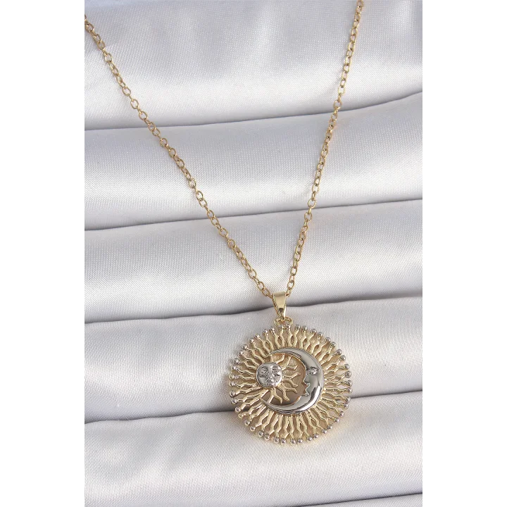 Mey İthalat® 316L Çelik Gold Renk Mix Renk Ay Güneş Model Kadın Kolye
