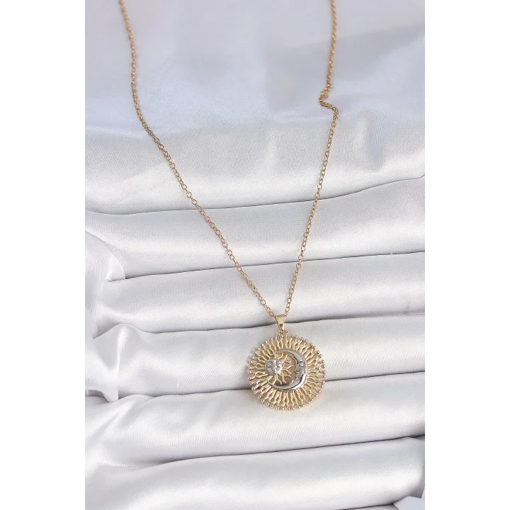 Mey İthalat® 316L Çelik Gold Renk Mix Renk Ay Güneş Model Kadın Kolye