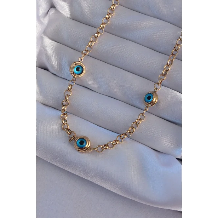 Mey İthalat® 316L Çelik Gold Renk Nazar Boncuk Model Kolye
