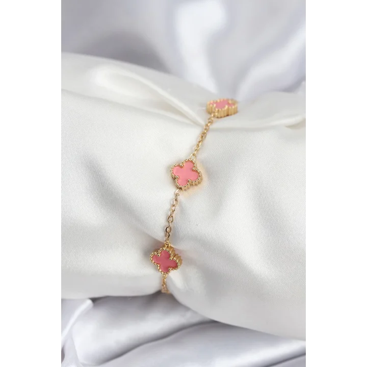 Mey İthalat® 316L Çelik Gold Renk Pembe Baby Boy Yonca Kadın Bileklik