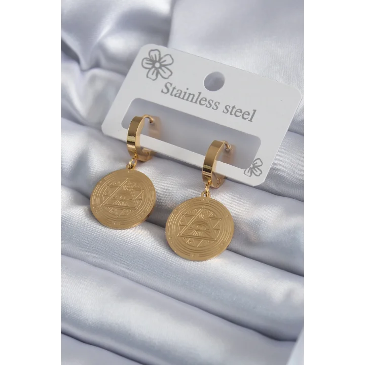 Mey İthalat® 316L Çelik Gold Renk Pentagram İşleme Model Kadın Küpe