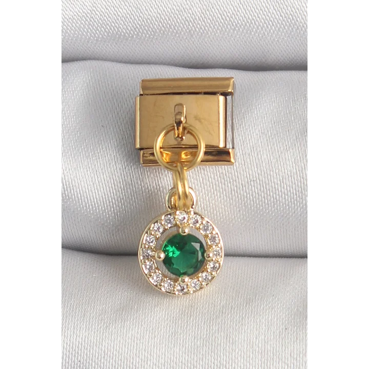 Mey İthalat® 316L Çelik Gold Renk Sallantı Yeşil Zirkon Taşlı Nomination Charm