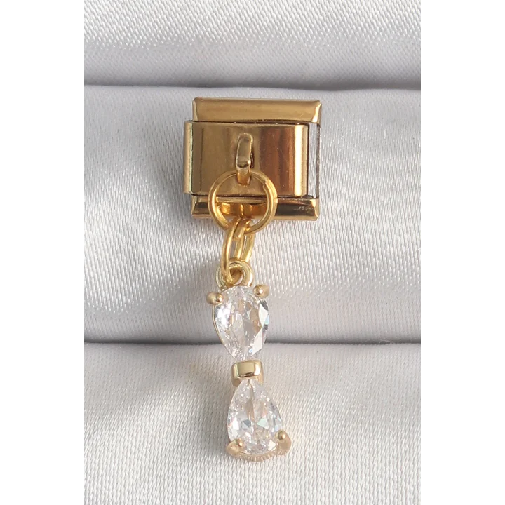 Mey İthalat® 316L Çelik Gold Renk Sallantı Zirkon Taşlı Kurdele Model Nomination Charm