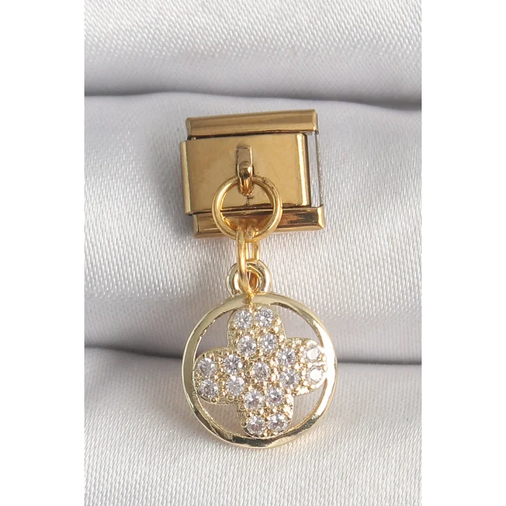 Mey İthalat® 316L Çelik Gold Renk Sallantı Zirkon Taşlı Yonca Model Nomination Charm