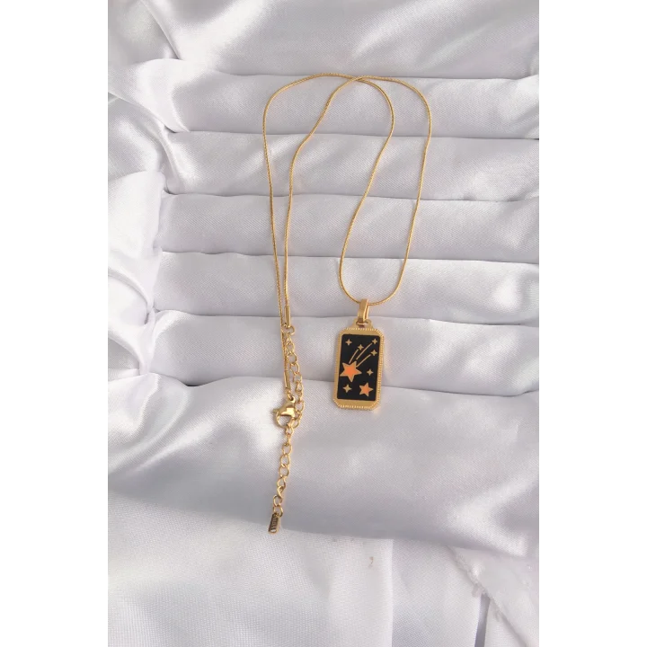 Mey İthalat® 316L Çelik Gold Renk Siyah Mineli Yıldız Figür Tarot Kolye