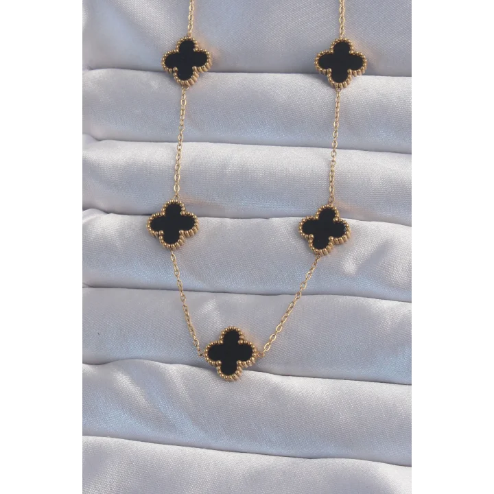 Mey İthalat® 316L Çelik Gold Renk Siyah Mineli Yonca Kolye