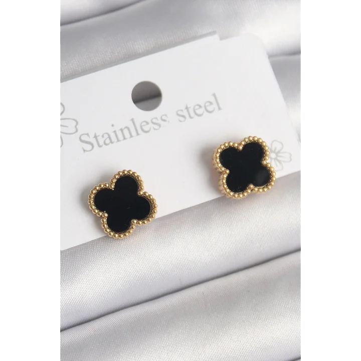 Mey İthalat® 316L Çelik Gold Renk Siyah Yonca Model Kadın Küpe