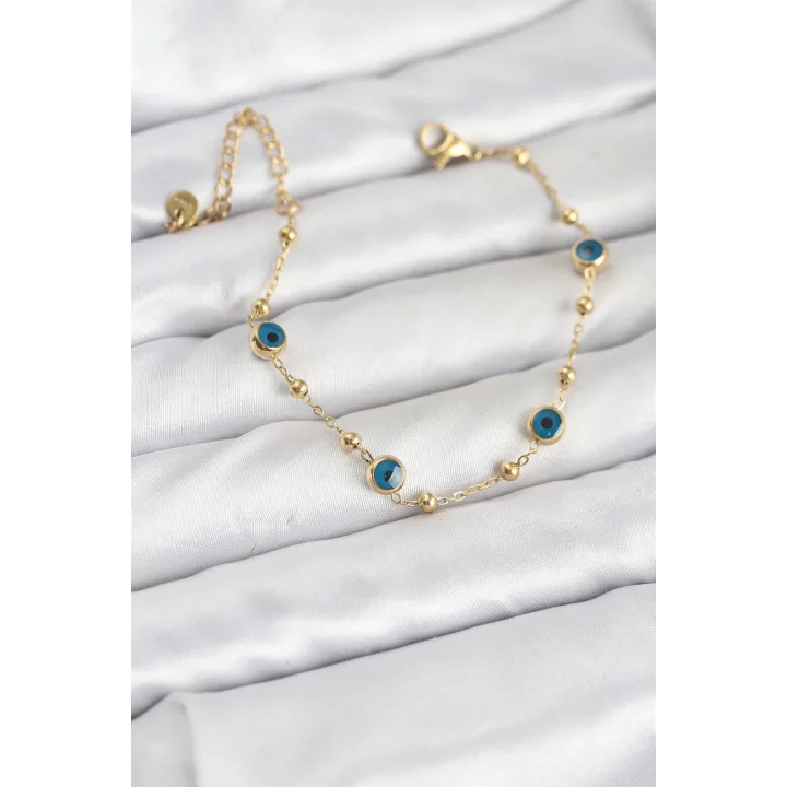 Mey İthalat® 316L Çelik Gold Renk Topçuklu Nazar Model Kadın Bileklik