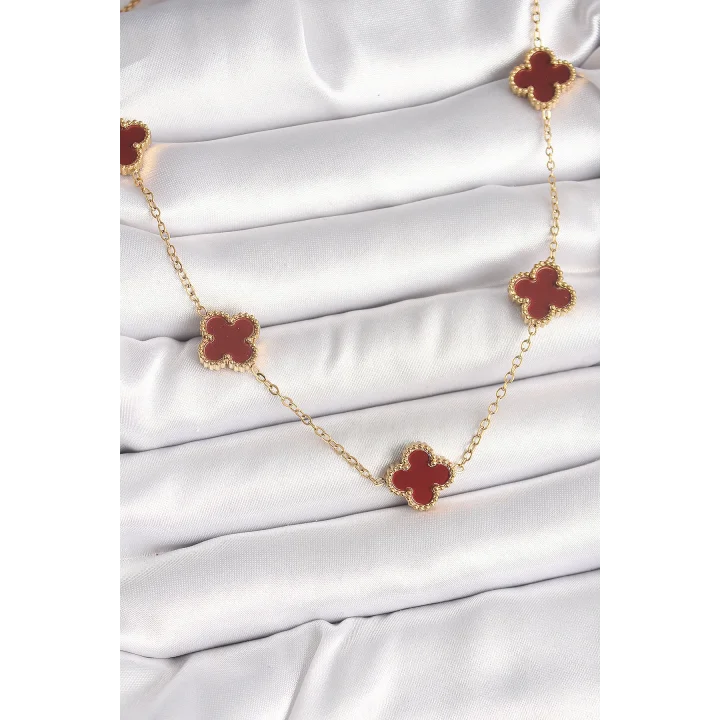 Mey İthalat® 316L Çelik Gold Renk Zincir Bordo Yonca Model Kadın Kolye