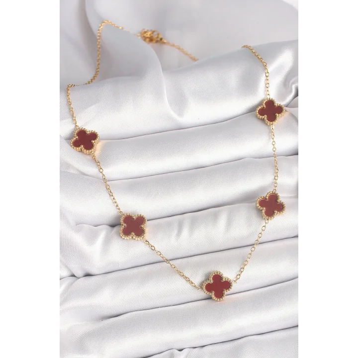 Mey İthalat® 316L Çelik Gold Renk Zincir Bordo Yonca Model Kadın Kolye