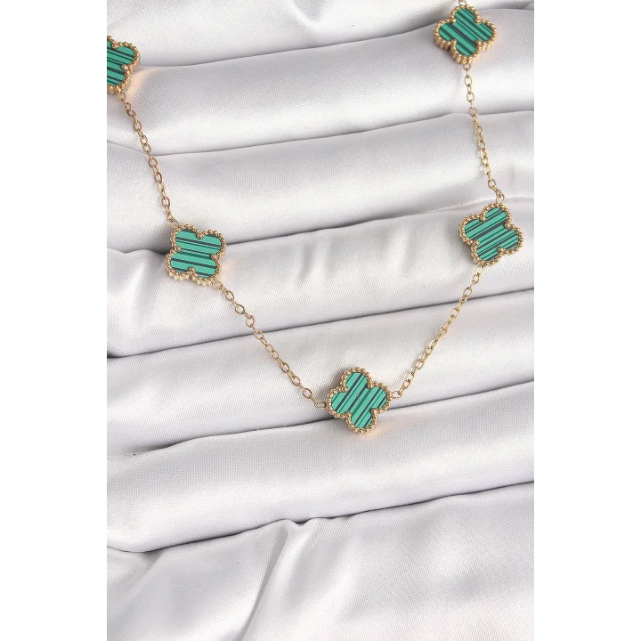 Mey İthalat® 316L Çelik Gold Renk Zincir Yeşil Yonca Model Kadın Kolye