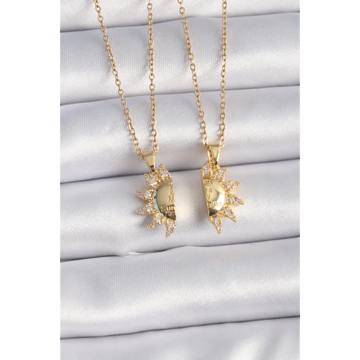 Mey İthalat® 316L Çelik Gold Renk Zirkon Taşlı Güneş Model İşleme Yazı Detay Arkadaş Kolyesi