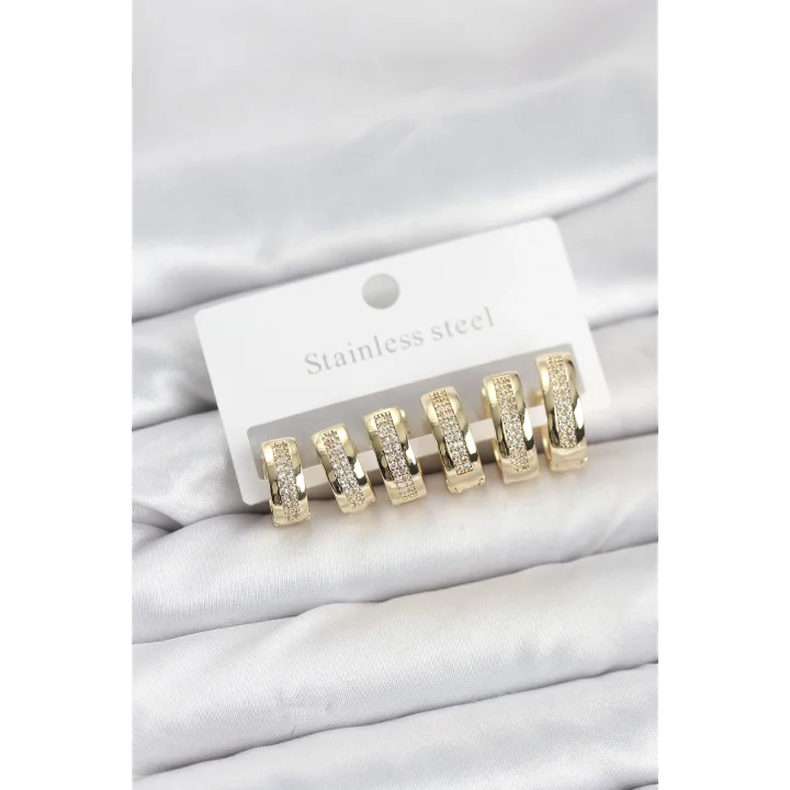 Mey İthalat® 316L Çelik Gold Renk Zirkon Taşlı Halka Küpe Seti