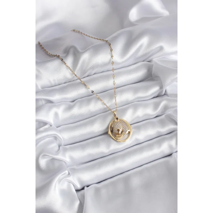 Mey İthalat® 316L Çelik Gold Renk Zirkon Taşlı Jaguar Model Kadın Kolye