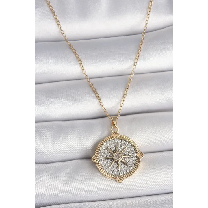 Mey İthalat® 316L Çelik Gold Renk Zirkon Taşlı Pusula Model Kadın Kolye