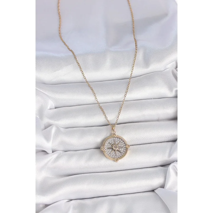 Mey İthalat® 316L Çelik Gold Renk Zirkon Taşlı Pusula Model Kadın Kolye
